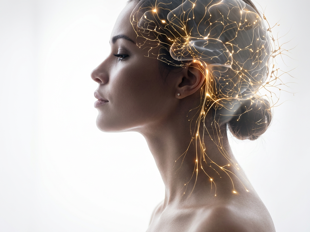 Side profile of a woman with fine golden neural pathways illustrated in her head